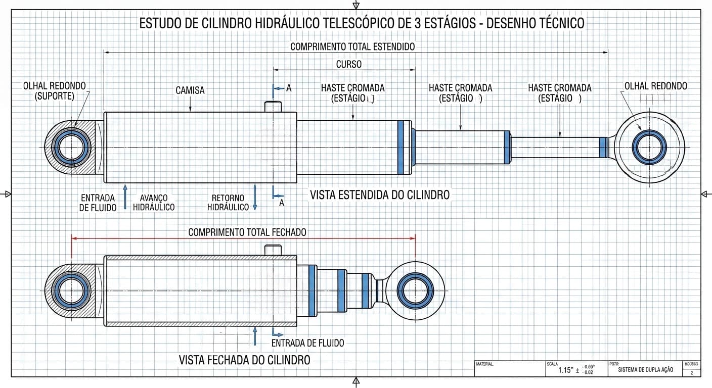Cilindro Hidráulico Telescópico: Como Calcular Curso, Estágios e Força em Cada Estágio