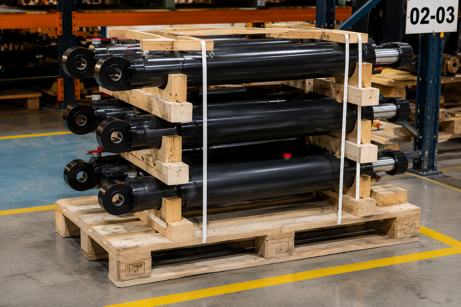 Hydraulic cylinders stored on pallets with wooden cradles and port plugs